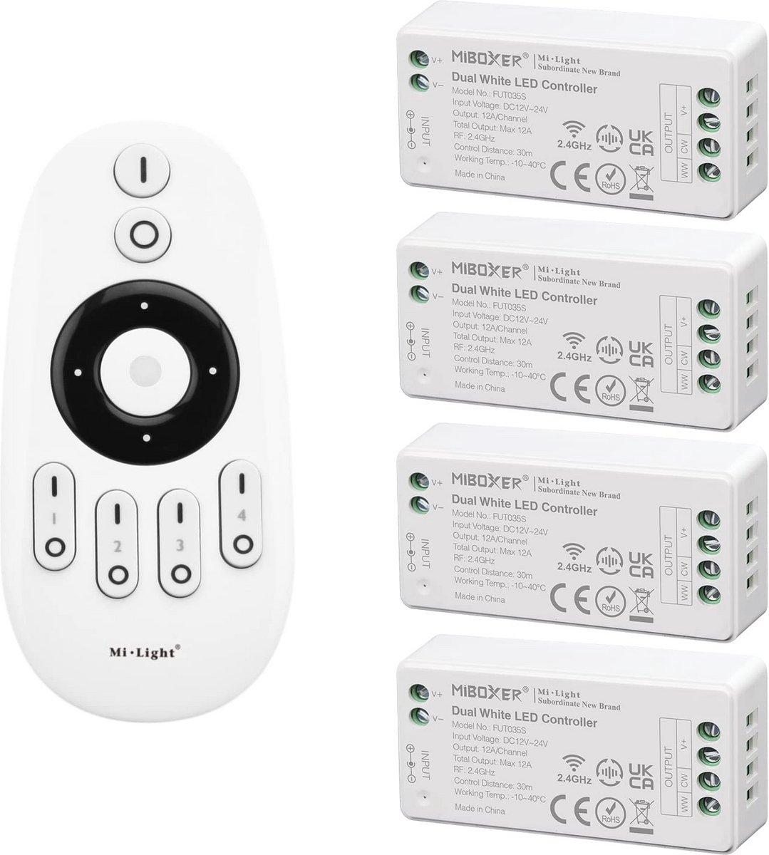 Afstandsbedieningskit voor LED-strip: 4x dubbele witte kleurtemperatuur Controller met 1x RF draadloze 4-zone afstandsbediening