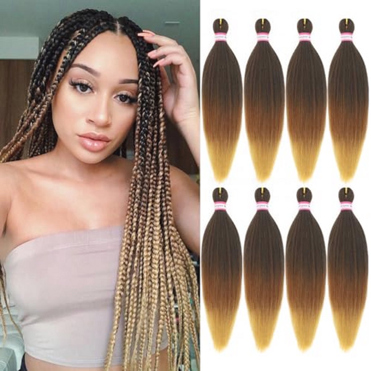 3-Tonige Voorgetapete Vlechthaar Extensions 50 cm - Ombre Bruin/Blond Yaki Haarkleur