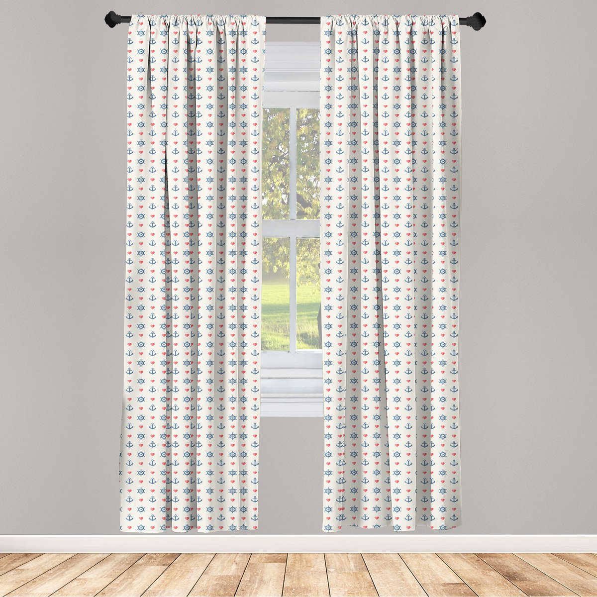 ABAKUHAUS Anker gordijnen – 2-delige set 75x245 cm – Wit-Blauw-Rood