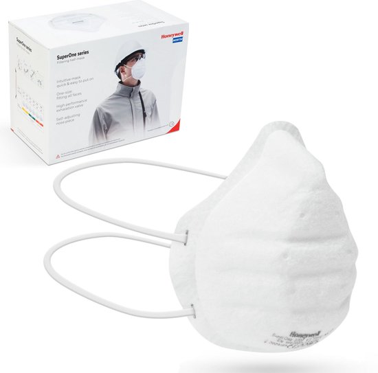 Wit SuperOne-halfmasker van Honeywell met witte elastische banden. De doos toont een model met het masker.