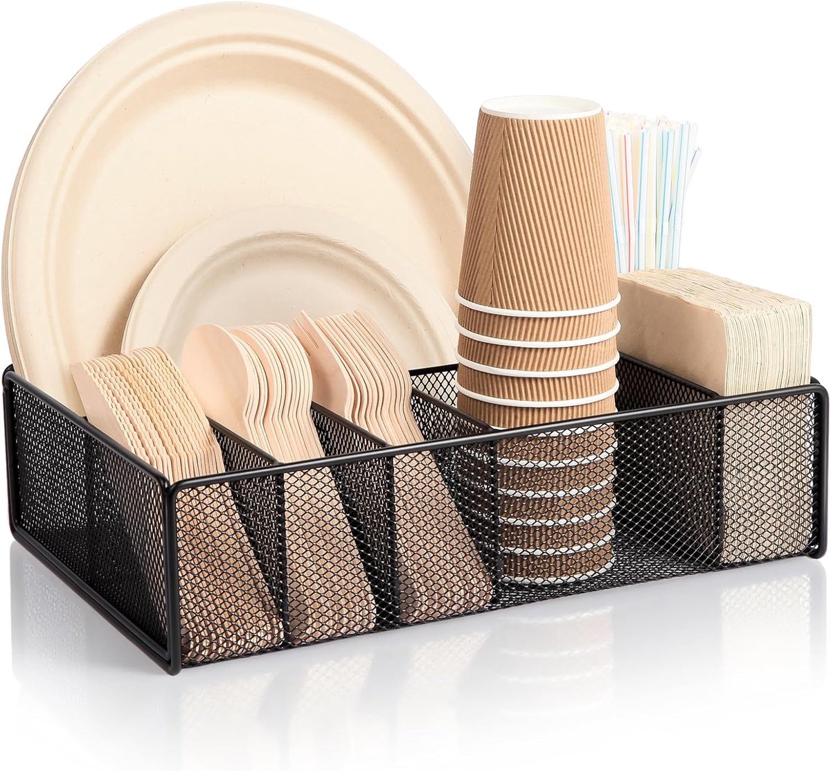 6-vak Keukenorganizer – Papieren Borden & Bestekhouder (Zwart) voor Picknick/BBQ/Eetfeesten