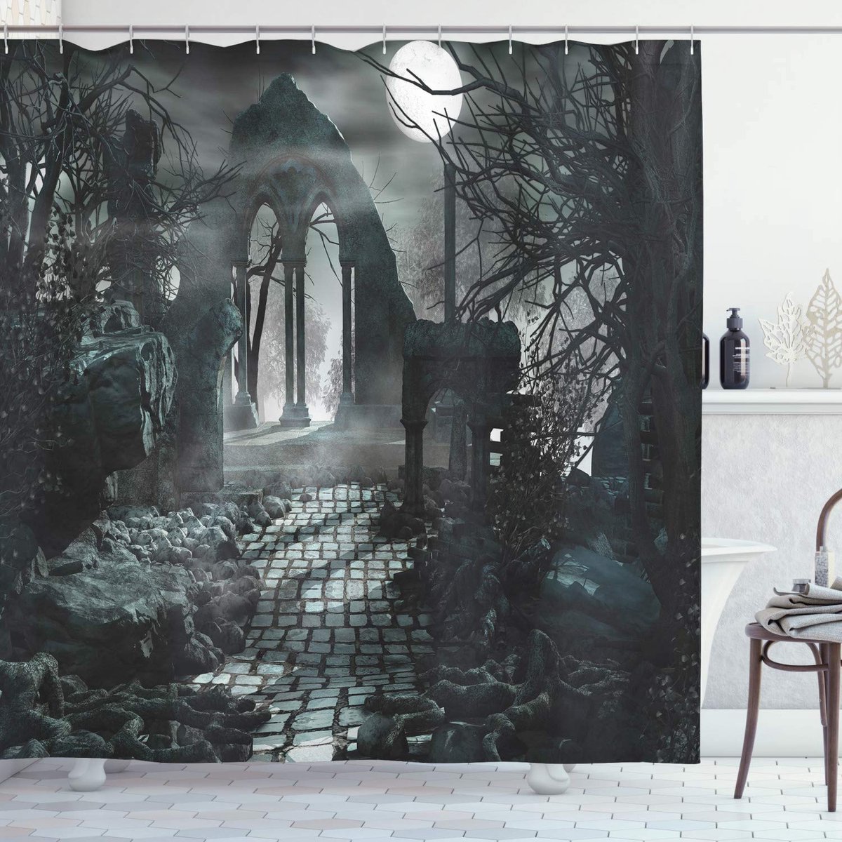ABAKUHAUS Mystik Douchgordijn – Maanzicht, Blauw-Grijs, 175x240 cm – Met Haken
