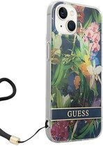 Guess iPhone 14 6.1" étui rigide bleu sangle fleur