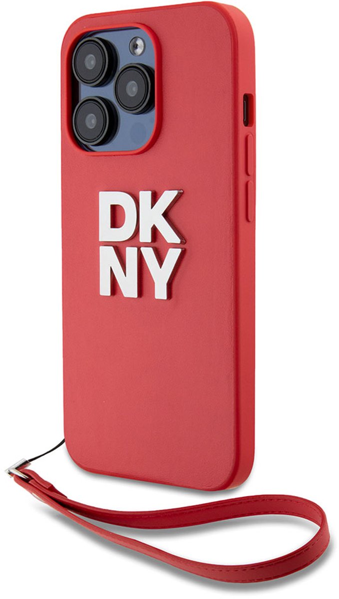 DKNY, Geschikt voor Apple iPhone 14 Pro hoesje met polsbandje en metallic logo, Rood