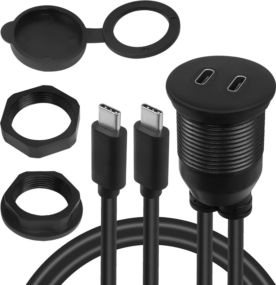 Dubbele USB C Schroefdraad Verlengkabel - 10 Gbps, 4K 60Hz, Waterdicht, 65W PD, 1m, Paneelmontage