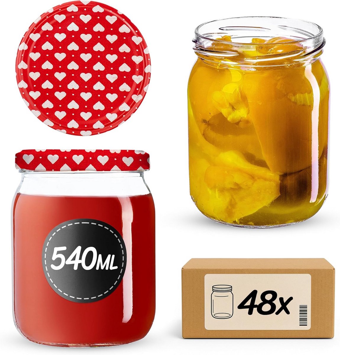 48 Stuks Glazen Potten met Schroefdeksel 540 ml voor Bewaren en Inmaken