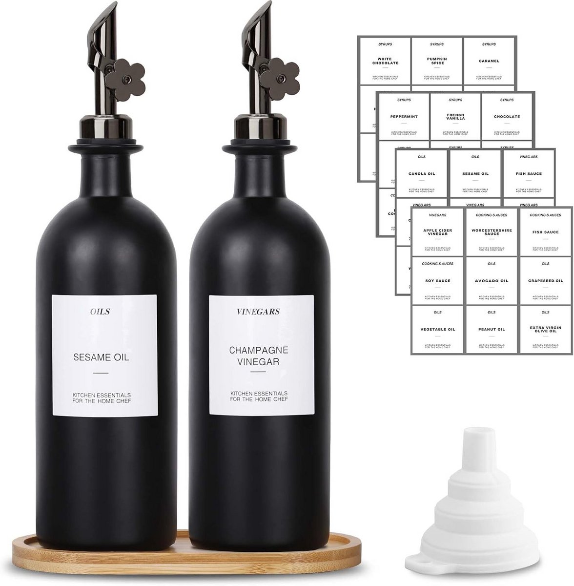 Set van 2 Glazen Olijfolie en Azijn Dispenserflessen 500ml met Schenktuit en Dienblad