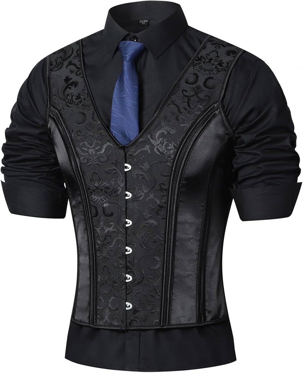 Formeel Heren Vest met Vintage Corset en Vetersluiting Zwart