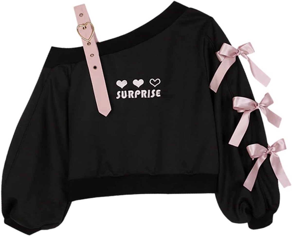 Off Shoulder Crop Sweater voor Meisjes en Dames met Geborduurd Hart - Lolita Kawaii Stijl