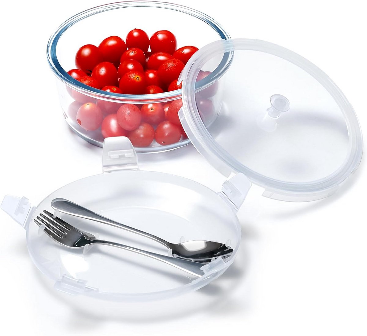 Ronde Glazen Bento Box 0.9L met Bestek en Luchtdichte Deksel