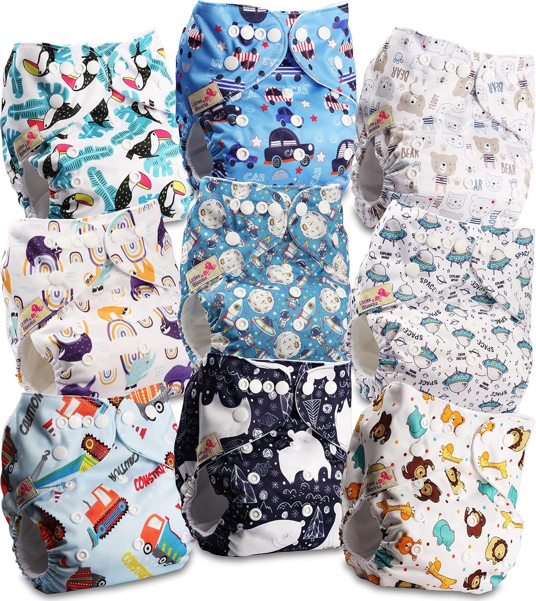 Herbruikbare baby luiers - Wasbare pocketluiers - Baby verschonen - Verstelbaar met drukknopen - 9 stuks - Meerdere prints