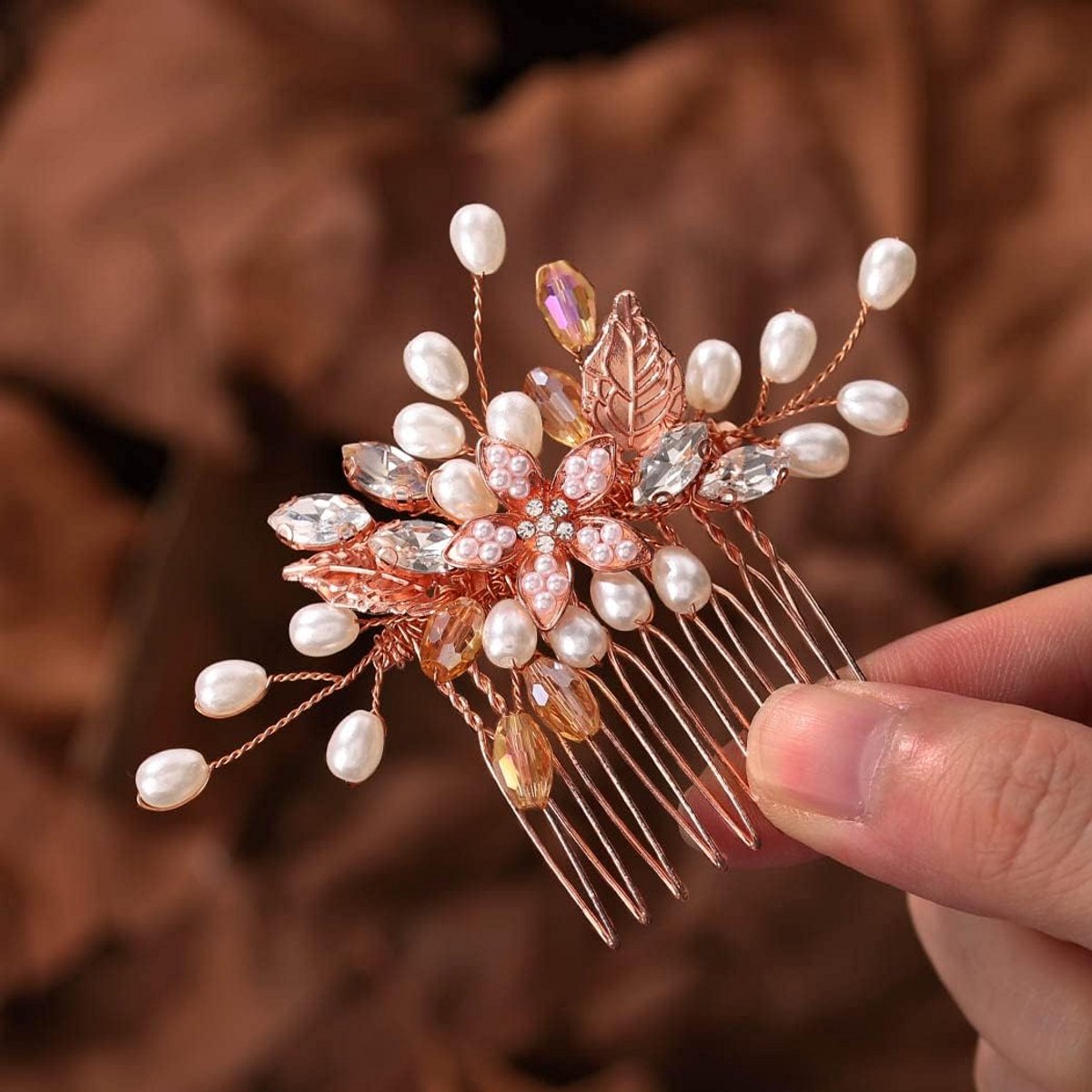 Bruidshaaraccessoire Roségoud Kristal Bloemen Haarspeld Bruiloft