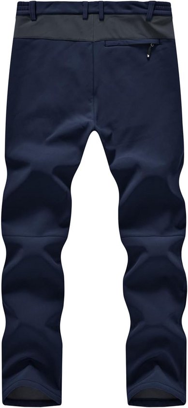 Volledige donkerblauwe outdoorbroek met twee voorzakken en een donkergrijs deel aan de bovenkant.