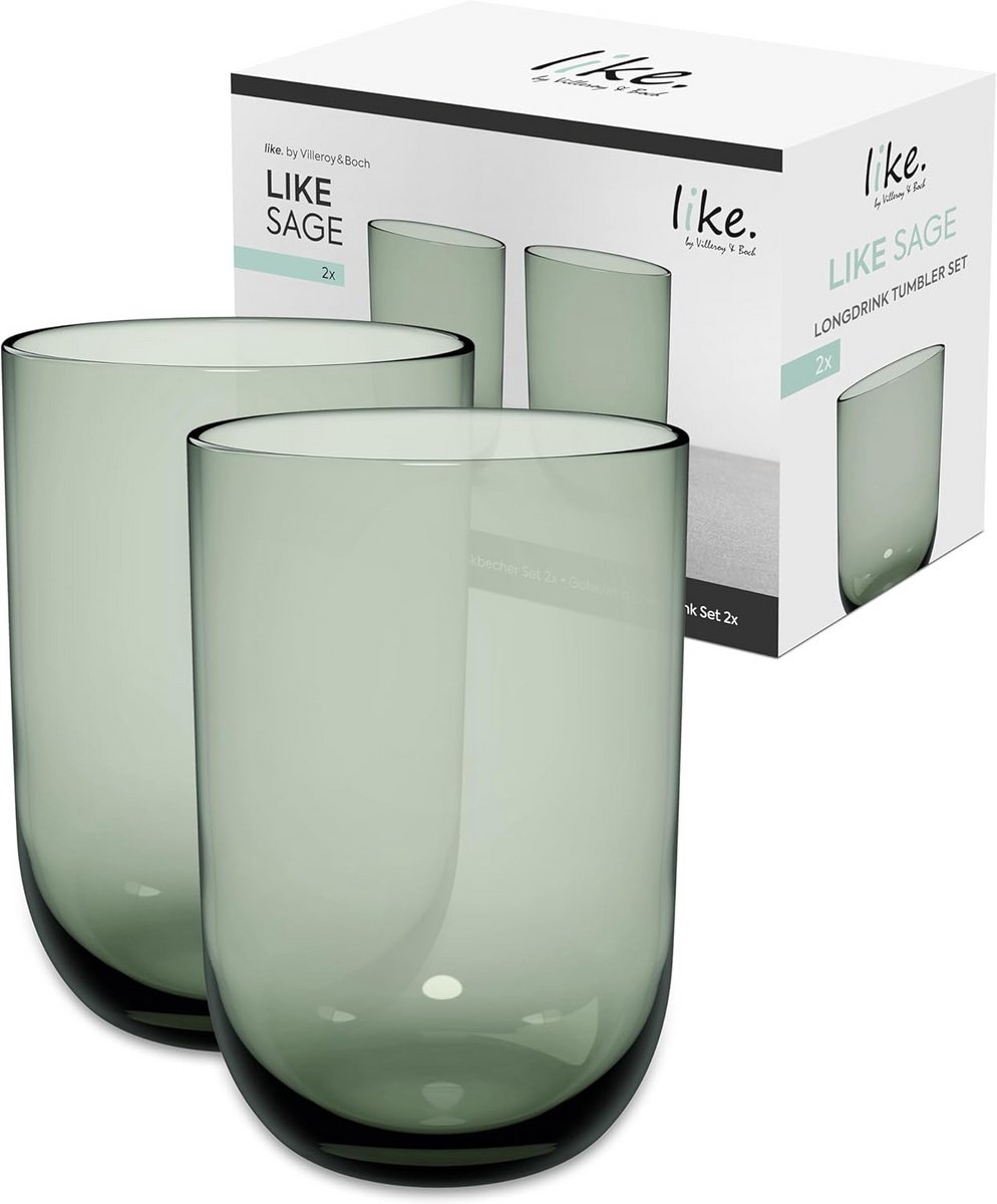 Set van 2 Lange Drinkglazen in Salie Groen, 385 ml