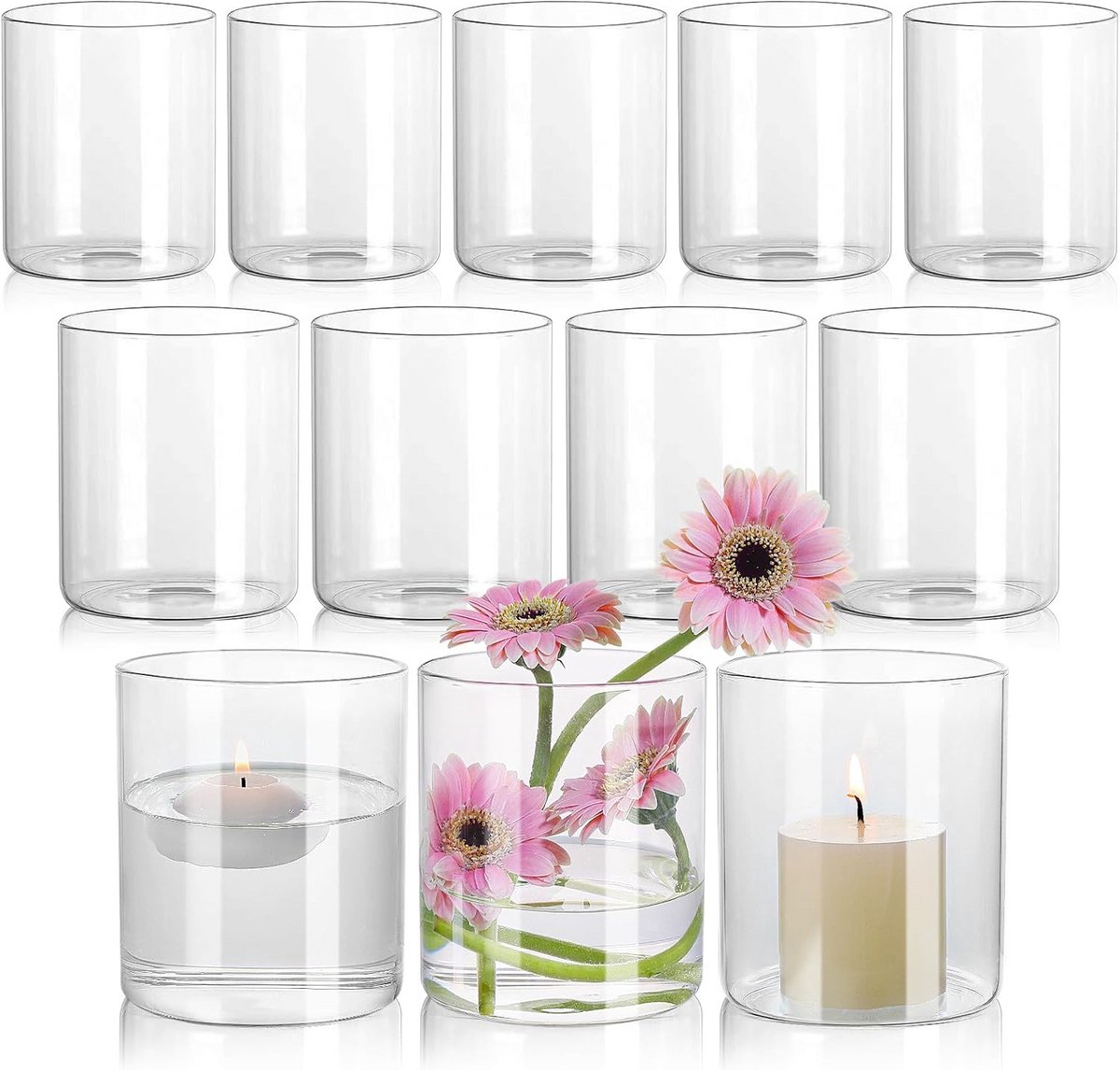 12x Cilindervaas Glas Helder | Vaasjes voor Centerpieces, Bloemen & Drijvende Kaarsen | Decoratie Tafel