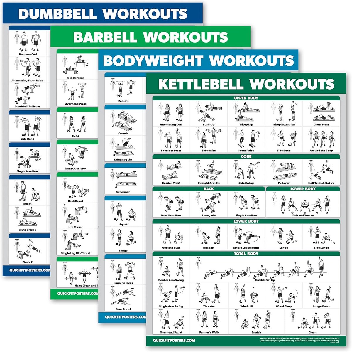 Trainingsschema Kaarten Set van 4: Dumbbells, Gewichtheffen en Kettlebell Oefeningen