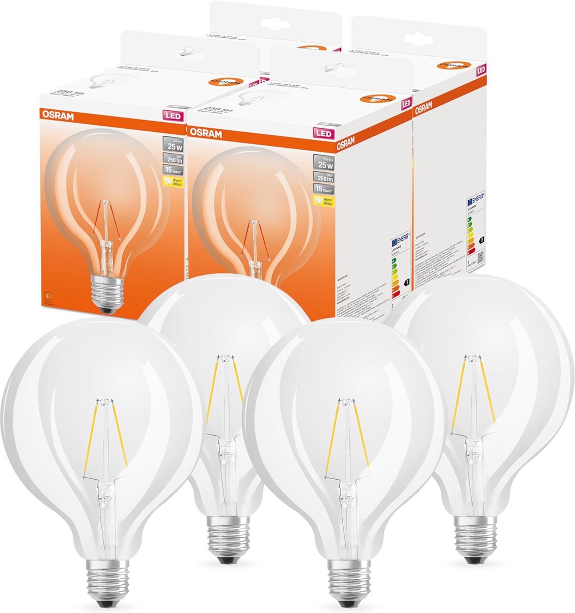 Set van 4 LED Globe Lampen E27 25W Vervanger 250 Lumen Warm Wit 2700K