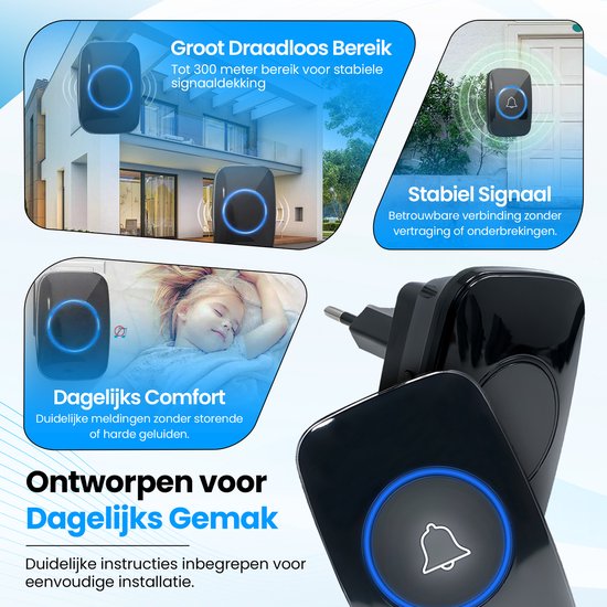 STEEN Deurbel Draadloos - Draadloze Deurbel met 2 ontvangers - Deurbellen - IP44 waterdicht - 300m Bereik - 5 Volume standen - Plug & Play — afbeelding 3