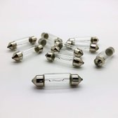 Twaalf kleine, transparante glaslampjes met zilverkleurige fittingen, elk met een zichtbare gloeidraad, liggen verspreid op een witte achtergrond.