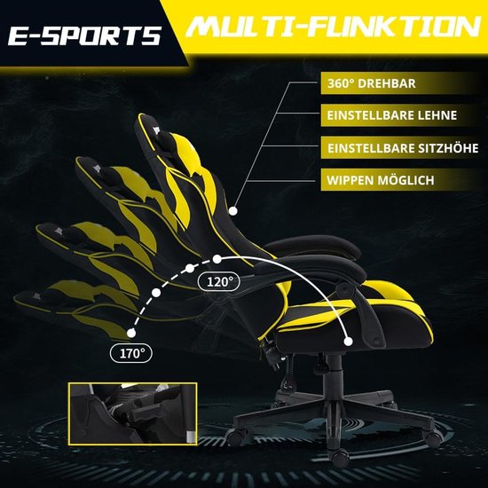 Ergonomische Gaming Stoel met Verstelbare Hoogte en Rugleuning - Geel — afbeelding 2