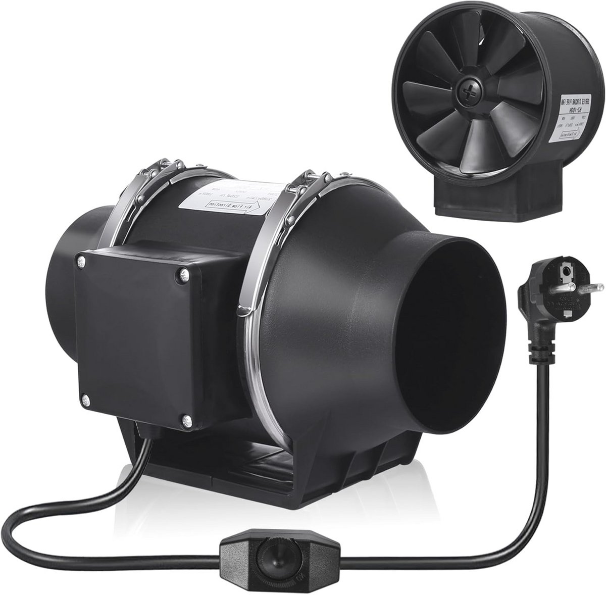 Buisventilator 100 mm, verstelbaar met snelheidsregelaar, 220 m³/h, inbouwventilator voor