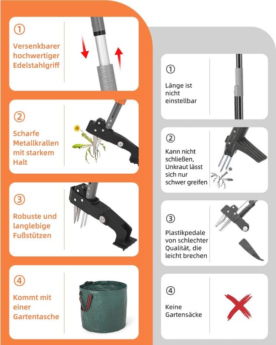 Onkruidsteker met telescoopsteel en tuinzak - ideaal voor eenvoudig onkruid verwijderen van Kinzo Garden — afbeelding 3