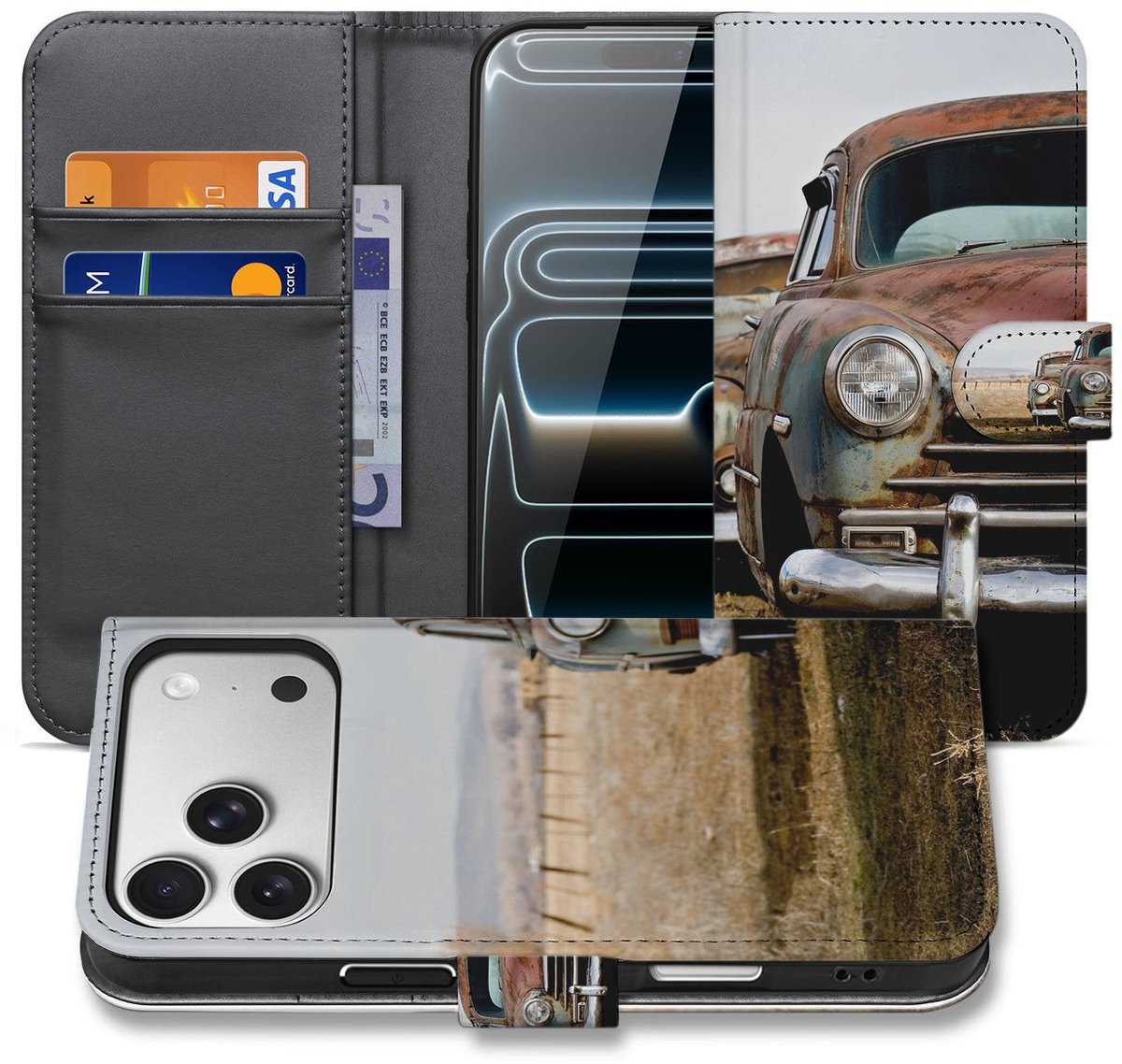 Apple iPhone 17 Pro Max Portemonnee Hoesje Vintage Auto 3 Pasjes TPU