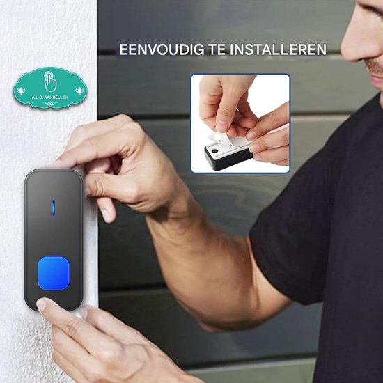GELLDG Draadloze deurbel - Waterdicht - Effectief bereik van 400 meter - Draadloze buitendeurbel - Wordt geleverd met 2 stekkerontvangers en 1 zender - Volumeregeling - Knipperende LED-deurbel - Zwart — afbeelding 4