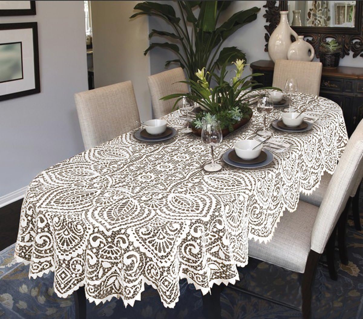 Lace Large Tablecloth Oval or Round White or Beige - Premium Quality