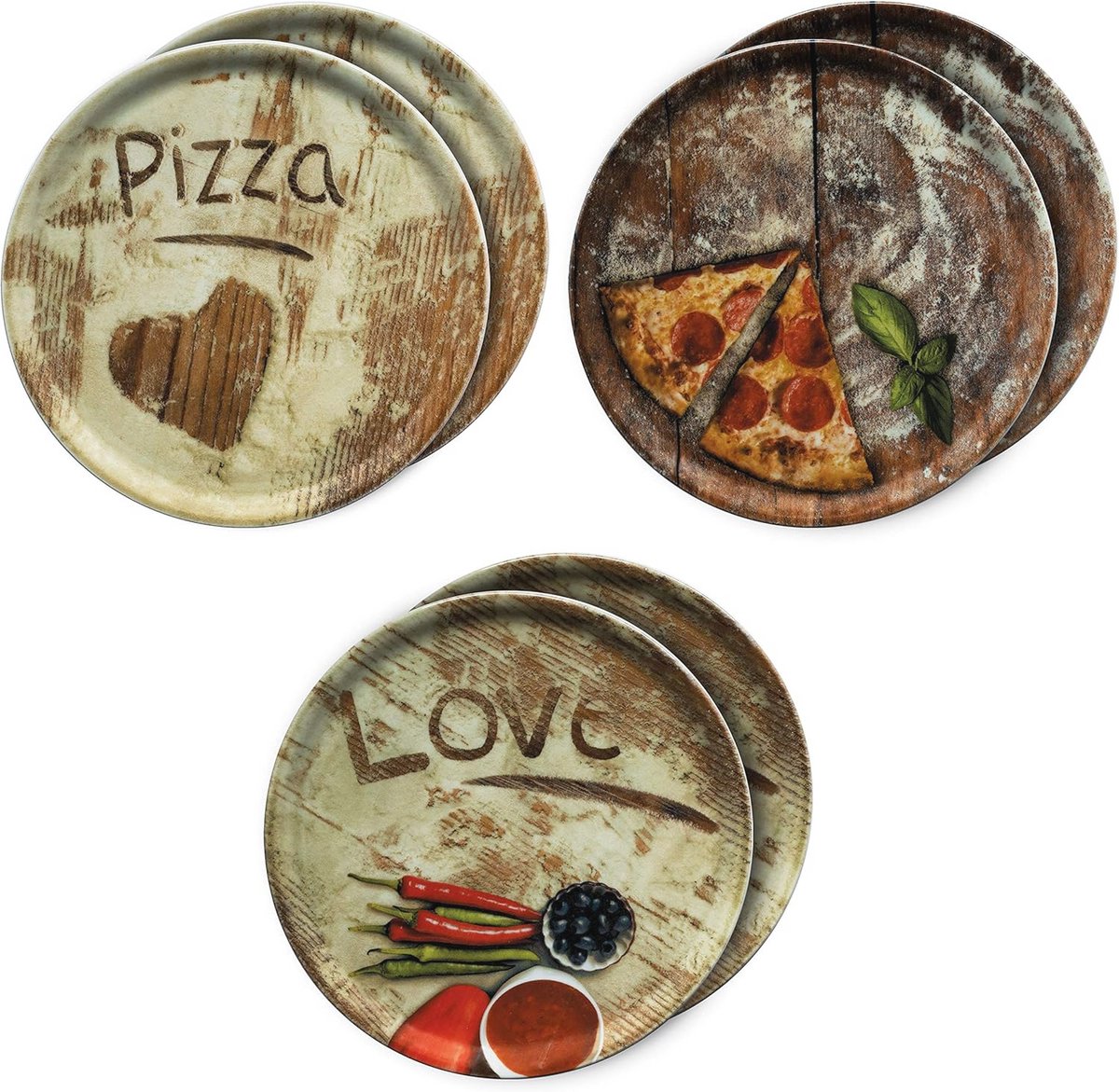 Set van 6 Pizzaborden van 33,3 cm met Decoratieve Motieven