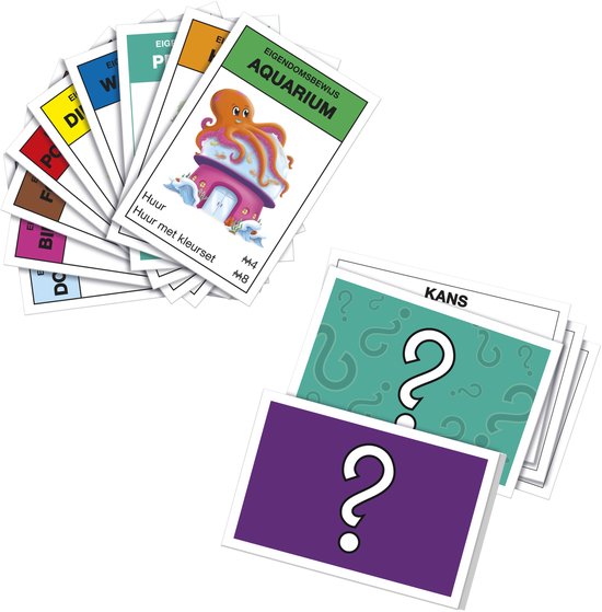 Monopoly Junior eigendomskaarten met octopus, en kanskaarten met vraagtekens.