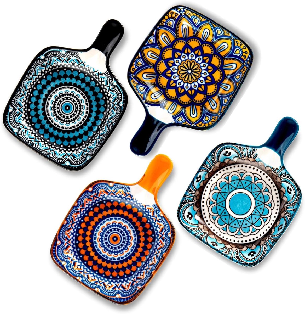 Keramiek 4 x dipschalen met handvat, dipschalenset, tapasschalen, sojasauzenschaaltjes, dipschaaltjes, snackschalen, vierkante schalen, serveerschalen, 12 cm
