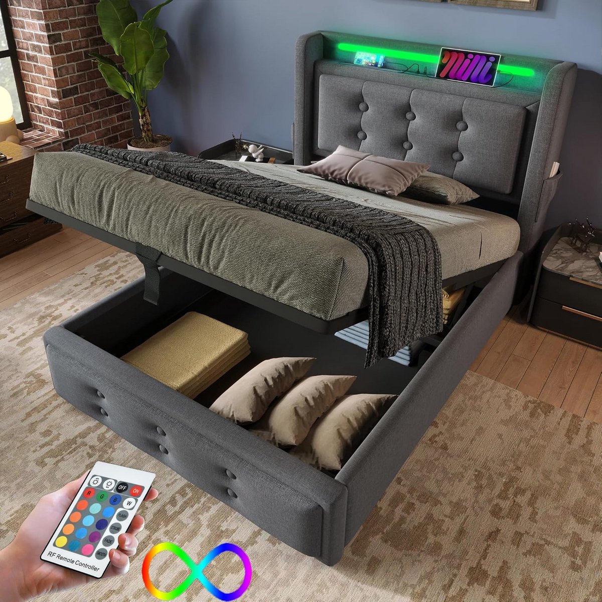 Eenpersoonsbed met opberglades, LED verlichting en USB-C opladen in grijs