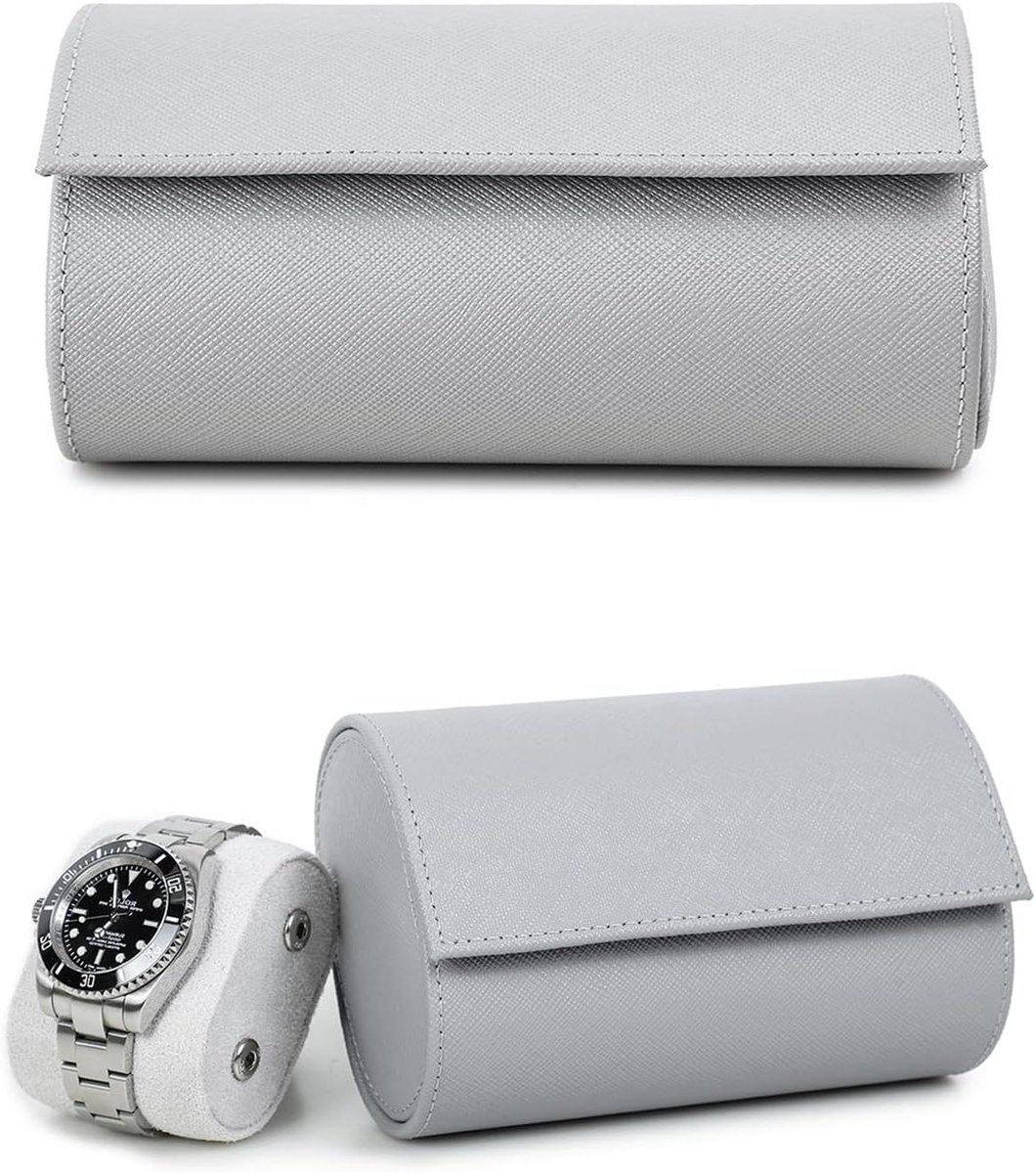 Allecta - Echt Lederen Opberghoes voor 2 Horloges - Handgemaakt - Saffiano Leder - Reishorloge Draagbare Case - Verwijderbare Kussens - Montage Ontwerp - Grijs