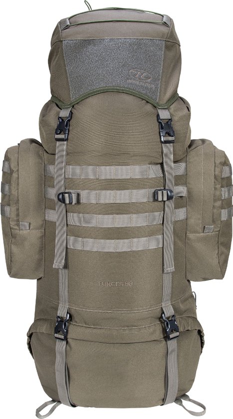 Olijfgroene rugzak met MOLLE-lussen, zijvakken en de tekst 'FORCES 88'.
