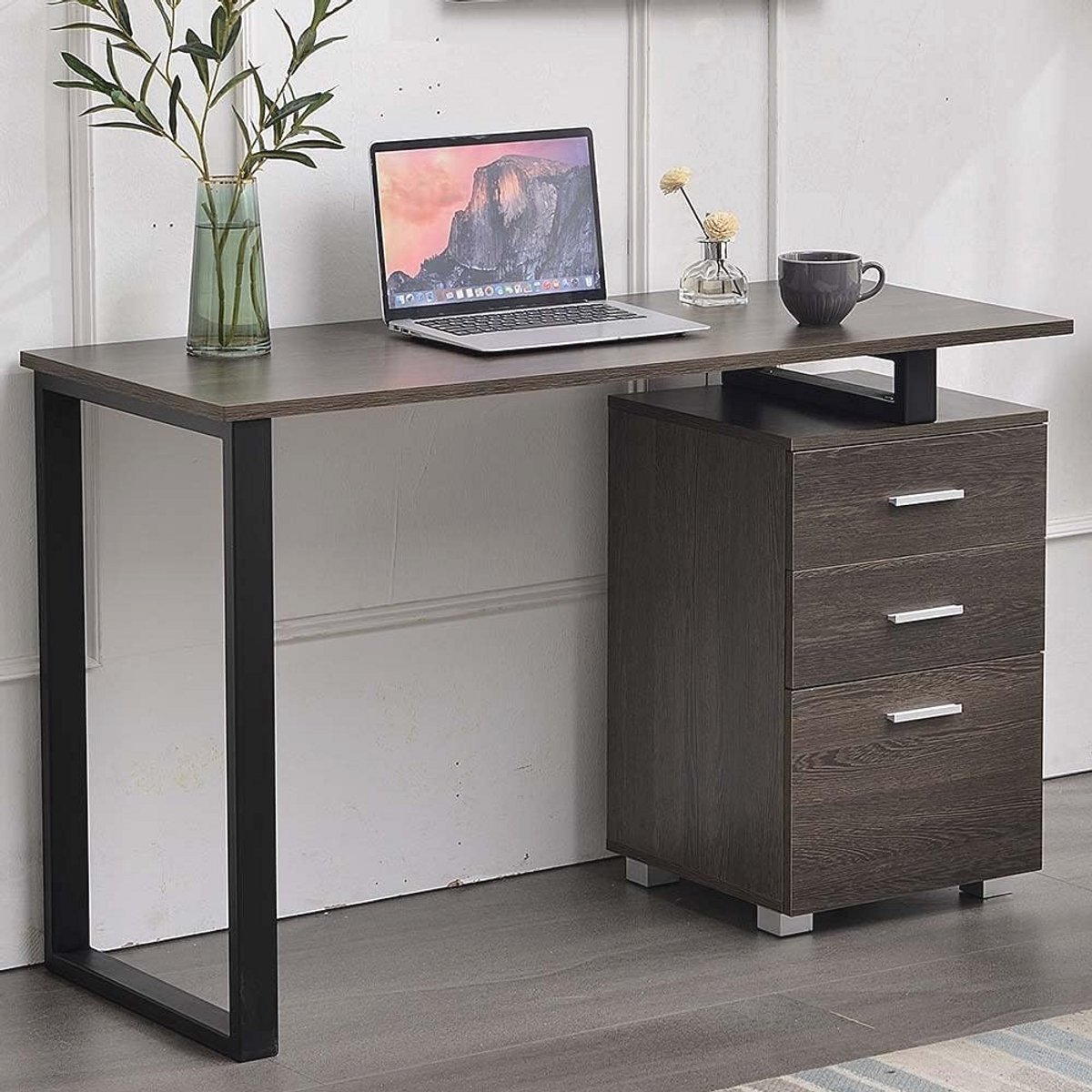 Bureau met Ladekast voor Computer in Staal en Hout - Modern en Minimalistisch