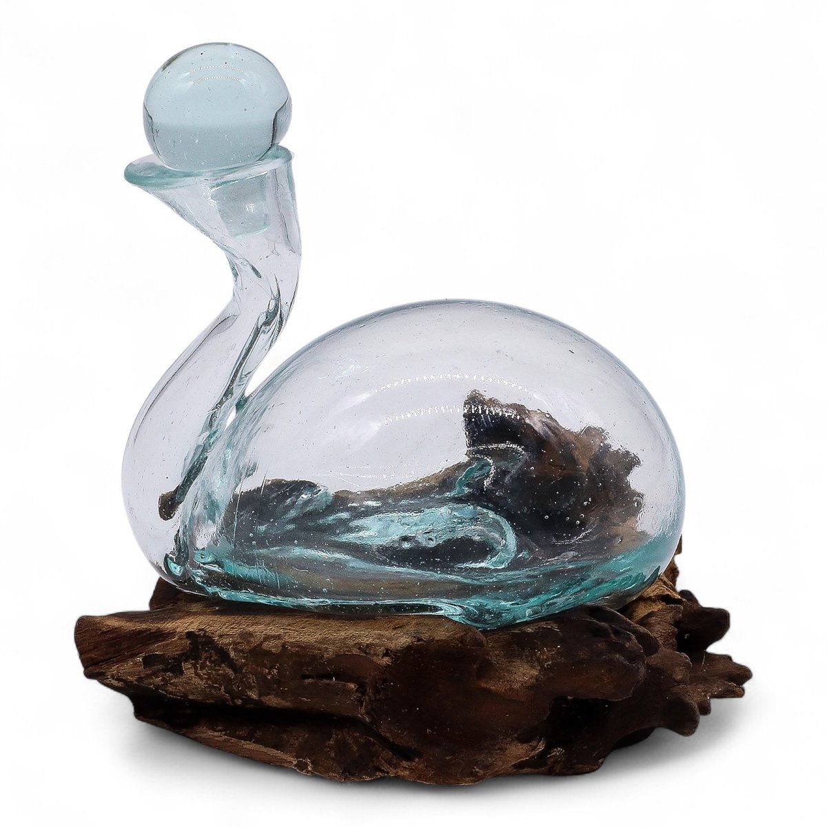 Gesmolten Glas Eendkaraf op Hout met Stop - (hxbxd) ca. 19cm x 17cm x 14cm - handgemaakt van hout en gerecycled glas