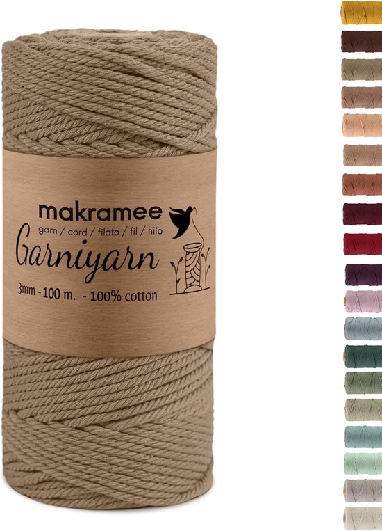 Macramégaren, 3 mm x 100 m, wit, natuurlijk katoengaren, katoenen koord, voor doe-het-zelf handwerk, breien