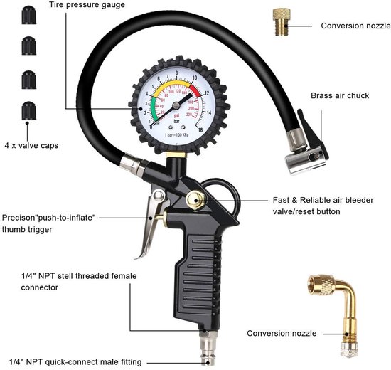 Allecta - Multifunctionele luchtdrukmeter voor bandenspanning tot 220 psi (15 bar) met ventielkern gereedschap - compressor accessoires zwart — afbeelding 4