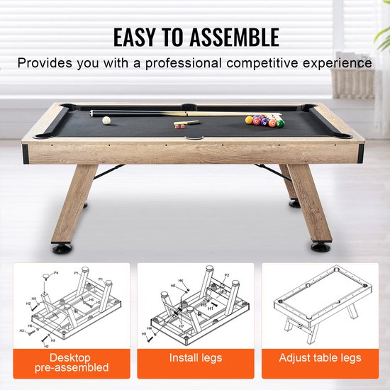7-voet biljarttafel, biljarttafel met verstelbare poten, inclusief ballen, keuen, krijt en borstel, houten frame met zwart laken, perfect voor speelkamers, gezinnen, kinderen en volwassenen van Hathaway — afbeelding 5