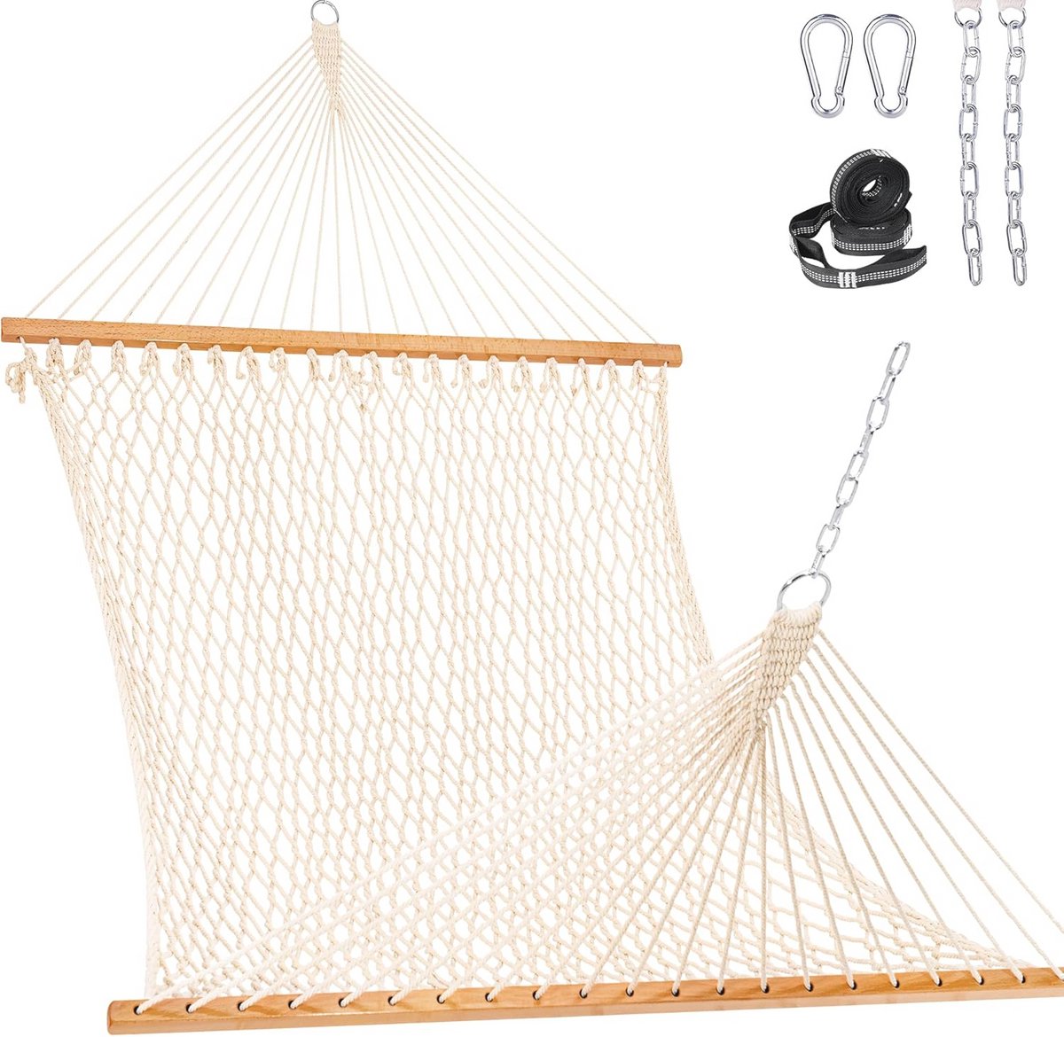 Hangmat voor 2 Personen met Dubbel Touw - Handgeweven Katoenen Hangmat voor Buiten met Spreidstang en Boomriemen - Max. 204 kg