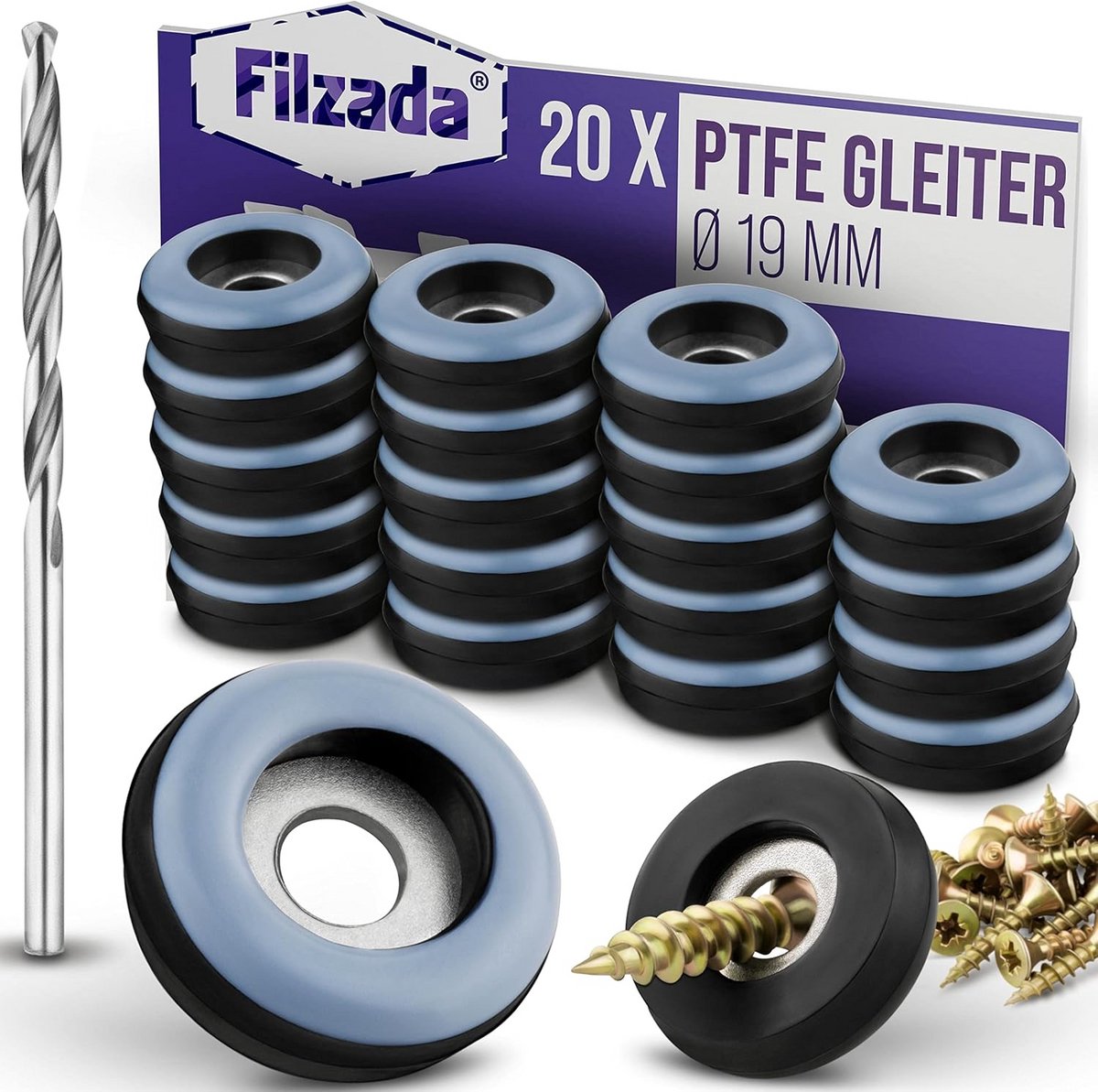 Teflon Glijders om te Schroeven - Ø 19 mm (rond) - PTFE Meubelglijders incl. Schroeven en Boortje
