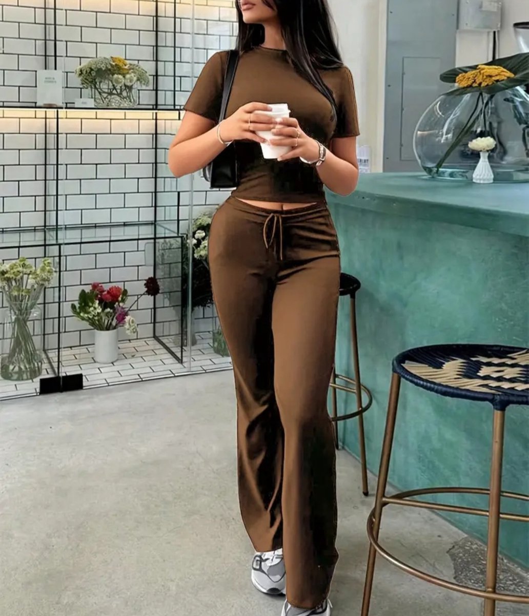 2-delige dames set – Stretch top & wijde broek met koord – Comfortabel & stijlvol Bruin Maat L
