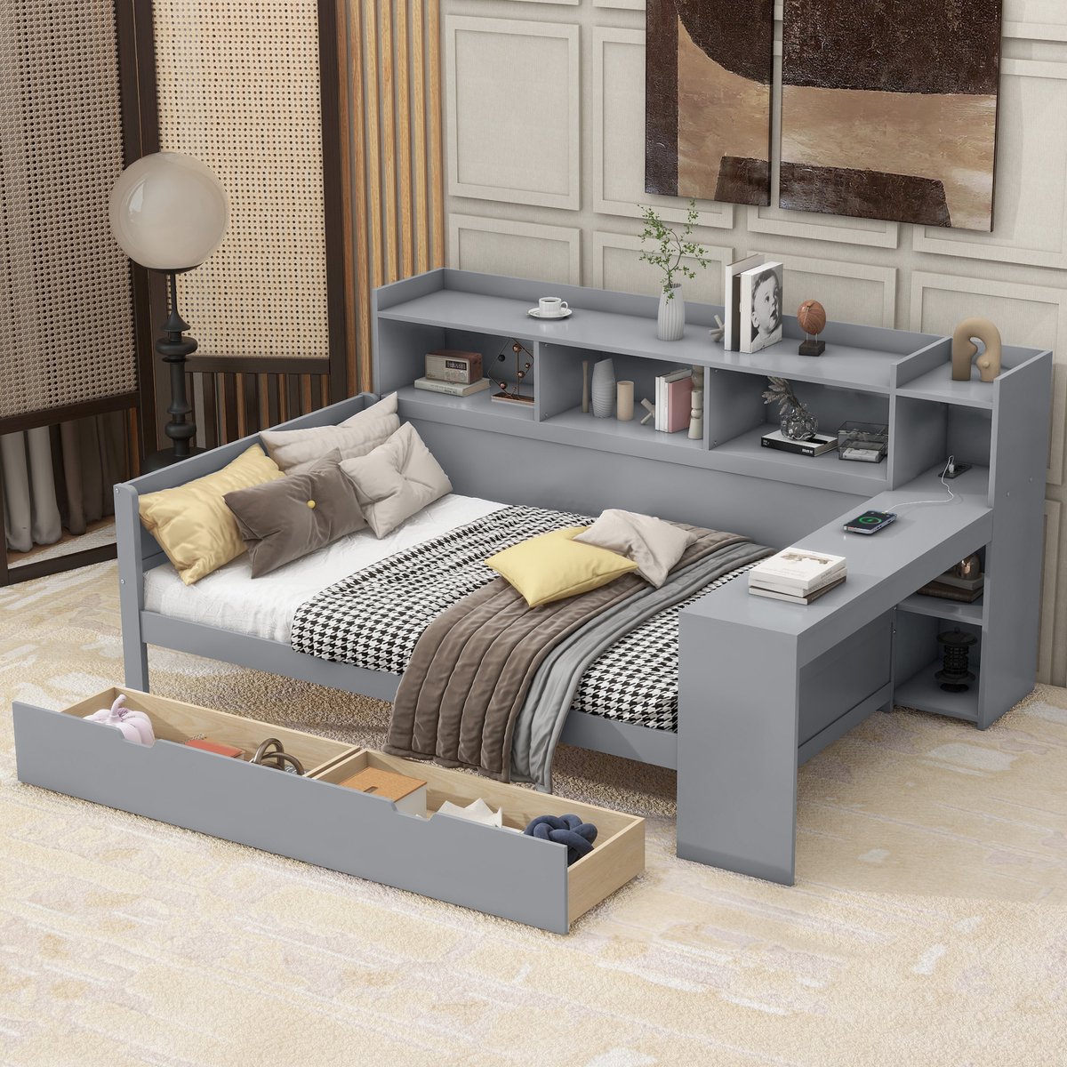 MODFU Bedframe 90x200 cm – Met bureau – Opbergruimte – 2 laden – USB – Grijs