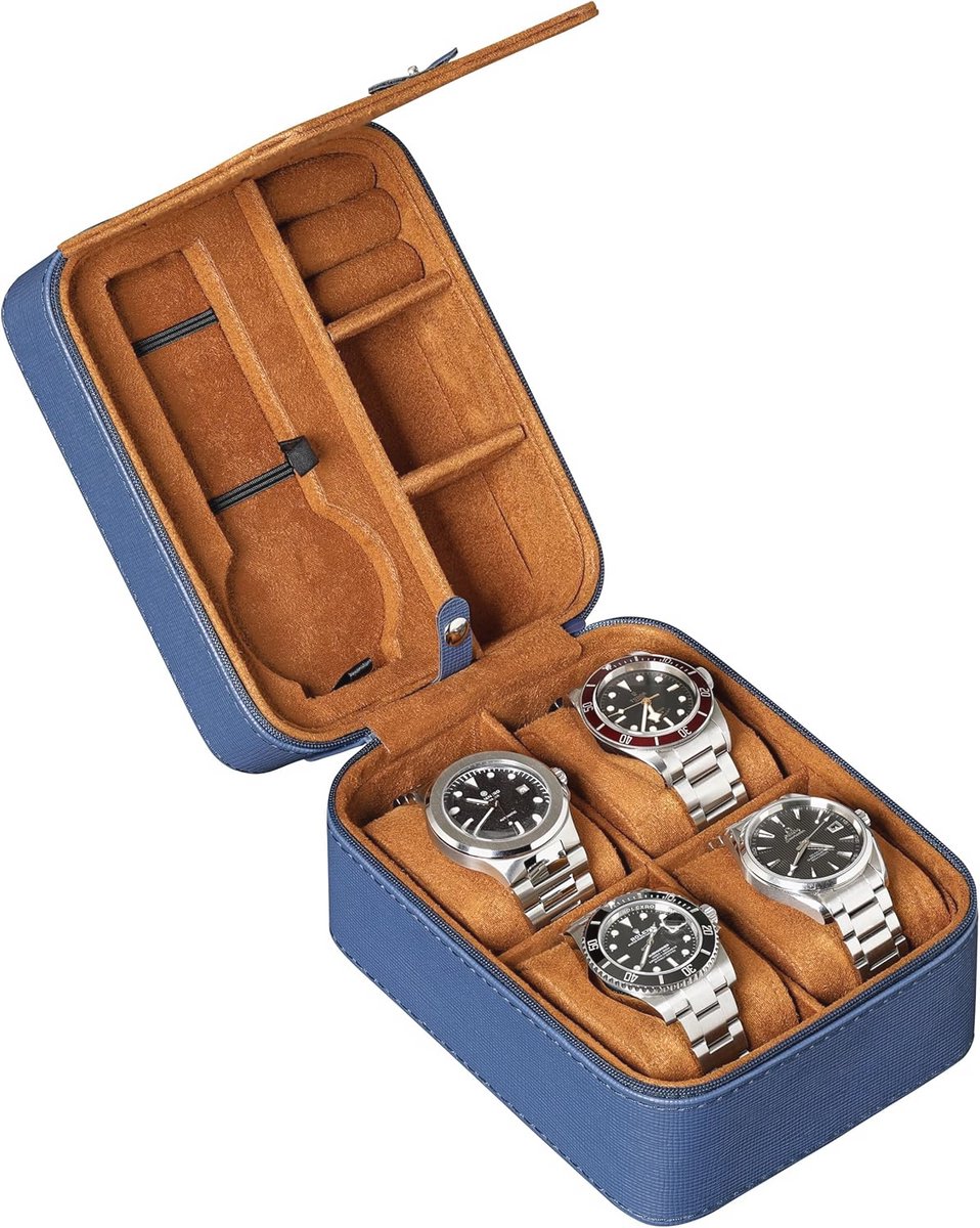 Organizer voor 5 horloges - Robuuste en Draagbare Horlogekast met Ritssluiting - Bescherming voor Polshorloges tot 50 mm - Blauw-Lichtbruin