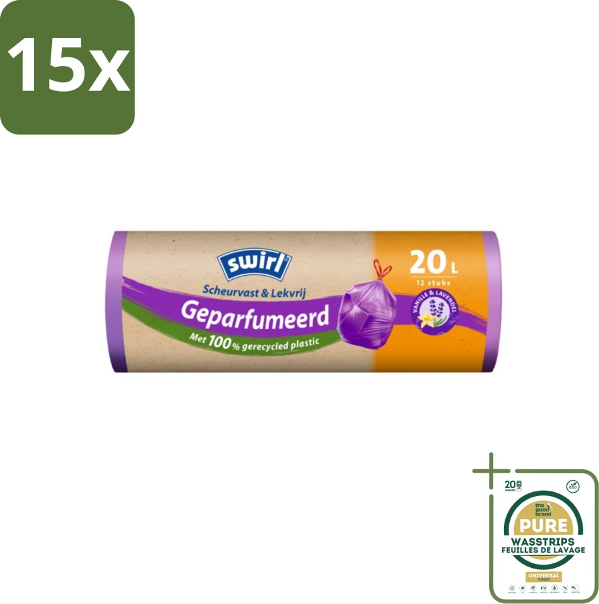 15 x Swirl – Pedaalemmerzakken – Trekband Geparfumeerd – 20 L – 12 zakken - Grootverpakking - Koffiezetapparaat