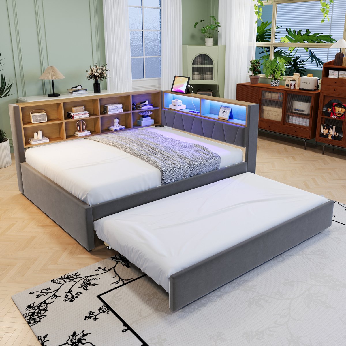 MODFU Ledikant 140x200 cm – flanel donkergrijs – met uittrekbed 90x190 cm, LED en opbergruimte – multifunctioneel