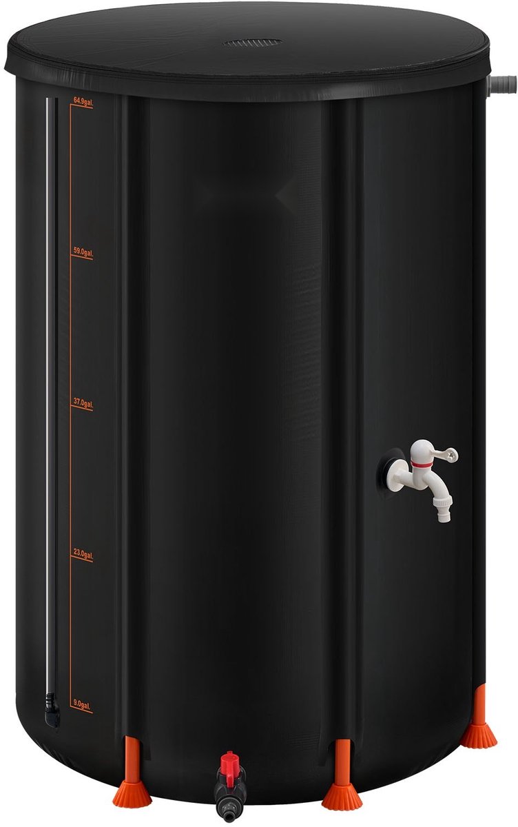 Regenton - Opvouwbare Regenwaterton 250 L - 500D PVC - Met Kraan - Overloopset - Draagbaar - Zwart