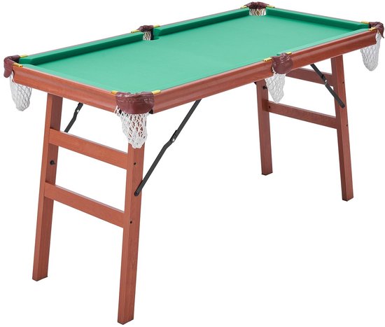 Pooltafel - Opvouwbaar Draagbaar Model - Afmeting 140 cm - Ruimtebesparend - Compleet met Ballen, Keu, Driehoek, Krijt en Borstel - Bruin met Groen Laken — afbeelding 5