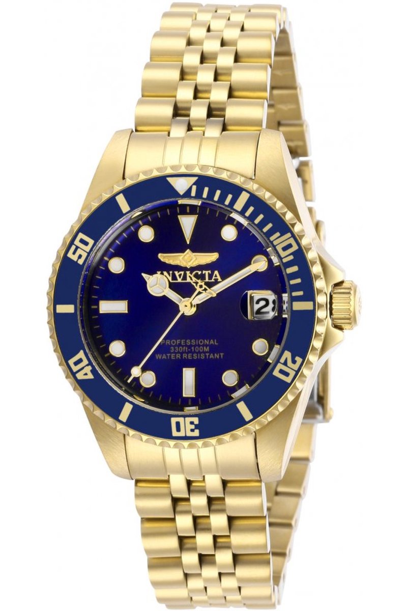 Invicta Pro Diver 29191 Dames Horloge - Waterdicht - Analoog - Quartz Uurwerk - Roestvrij Staal met blauwe Wijzerplaat - 34mm